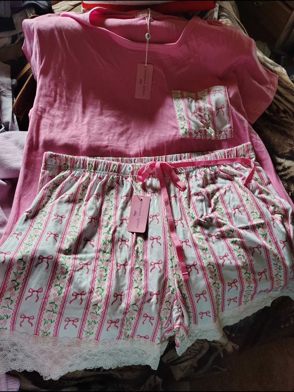 Simply Southern Pink Short Pajama Set with Bow-Striped Shorts